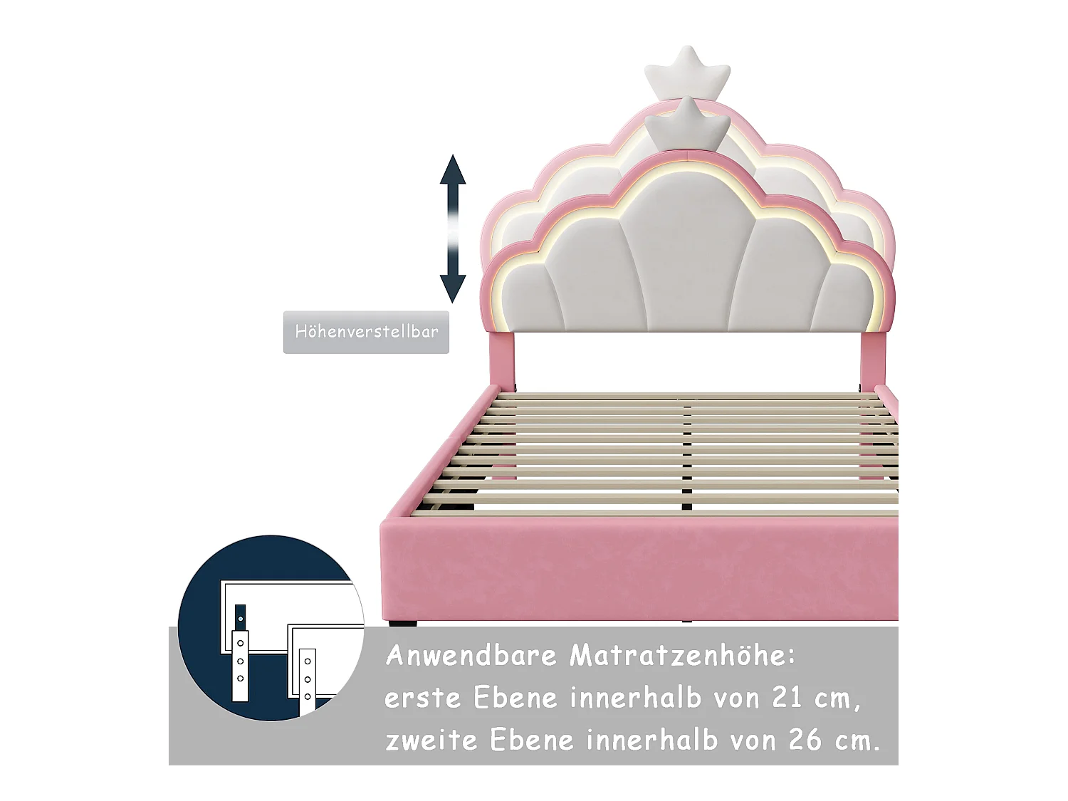 Kinderbed 140x200cm - prinsessenbed met lattenbodem, kroonvormig hoofdeinde - in roze flanel