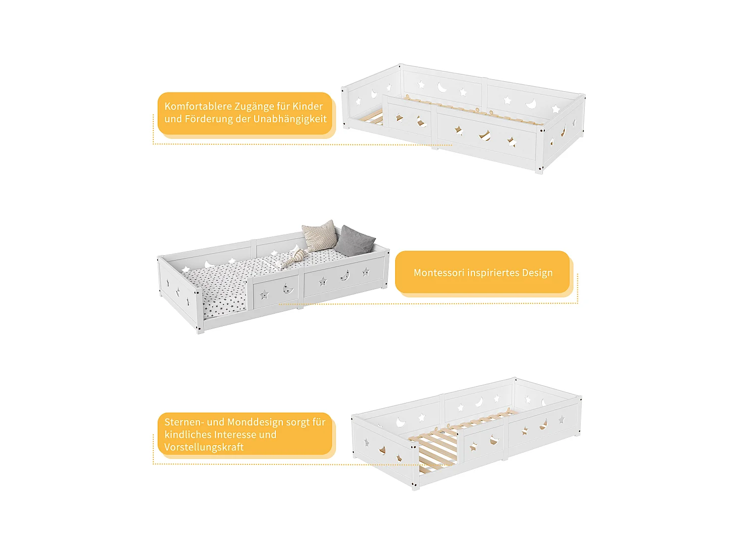 Montessori kinderbed 140x200 cm van massief grenenhout met uitvalbeveiliging en maan- en stermotieven - Wit