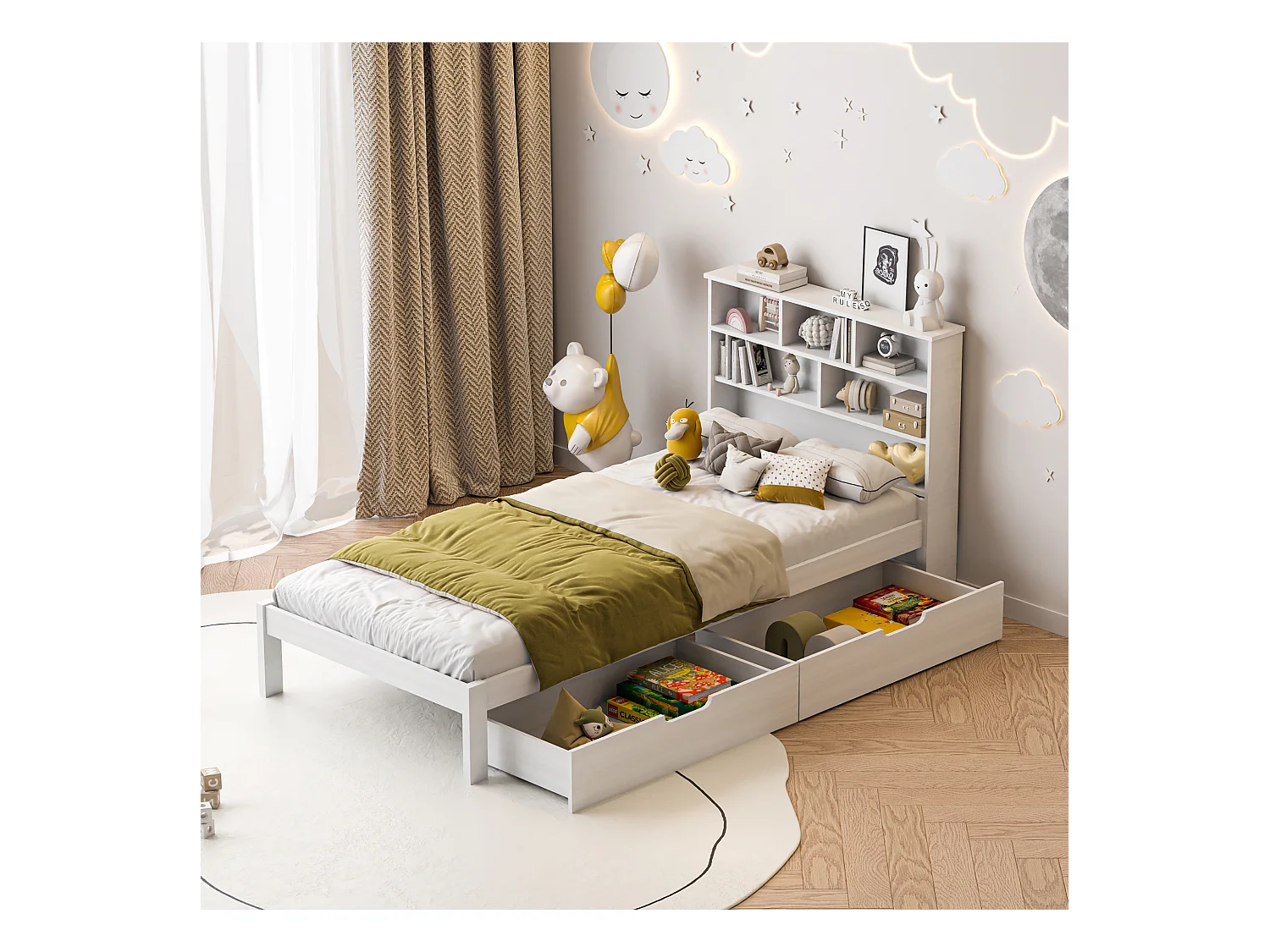 Lit enfant 90x200 cm en bois, lit plat pour ado avec 2 tiroirs de rangement, cadre familial robuste et durable.