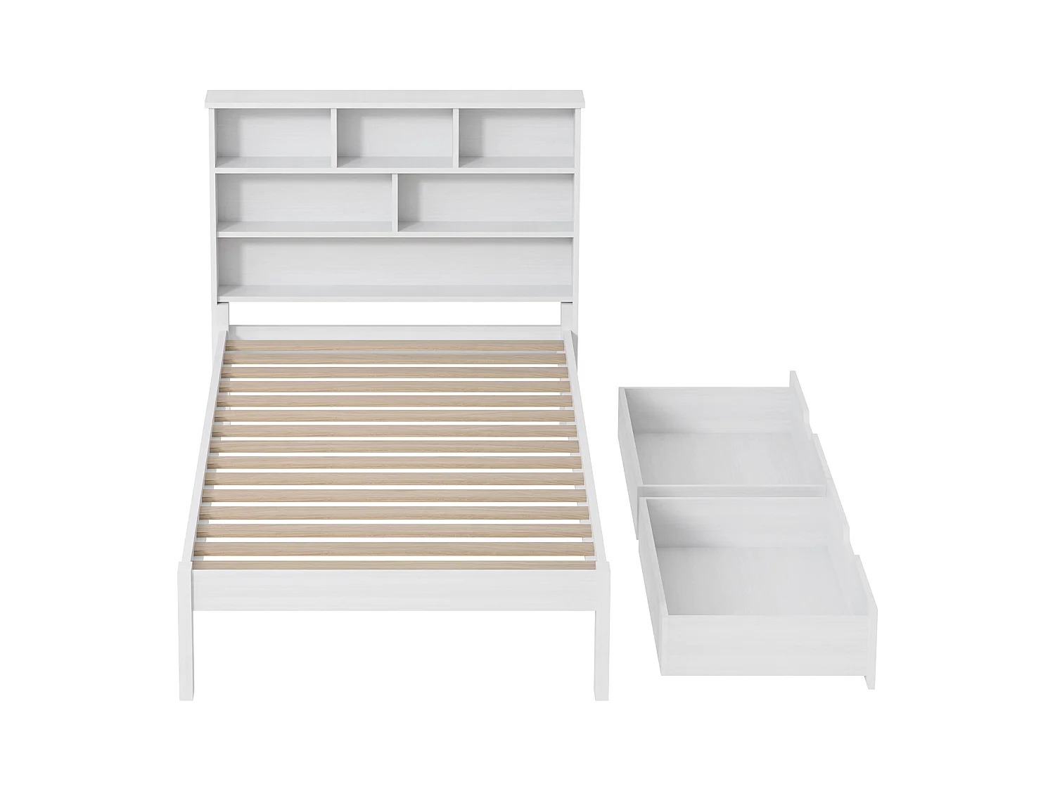 Lit enfant 90x200 cm en bois, lit plat pour ado avec 2 tiroirs de rangement, cadre familial robuste et durable.