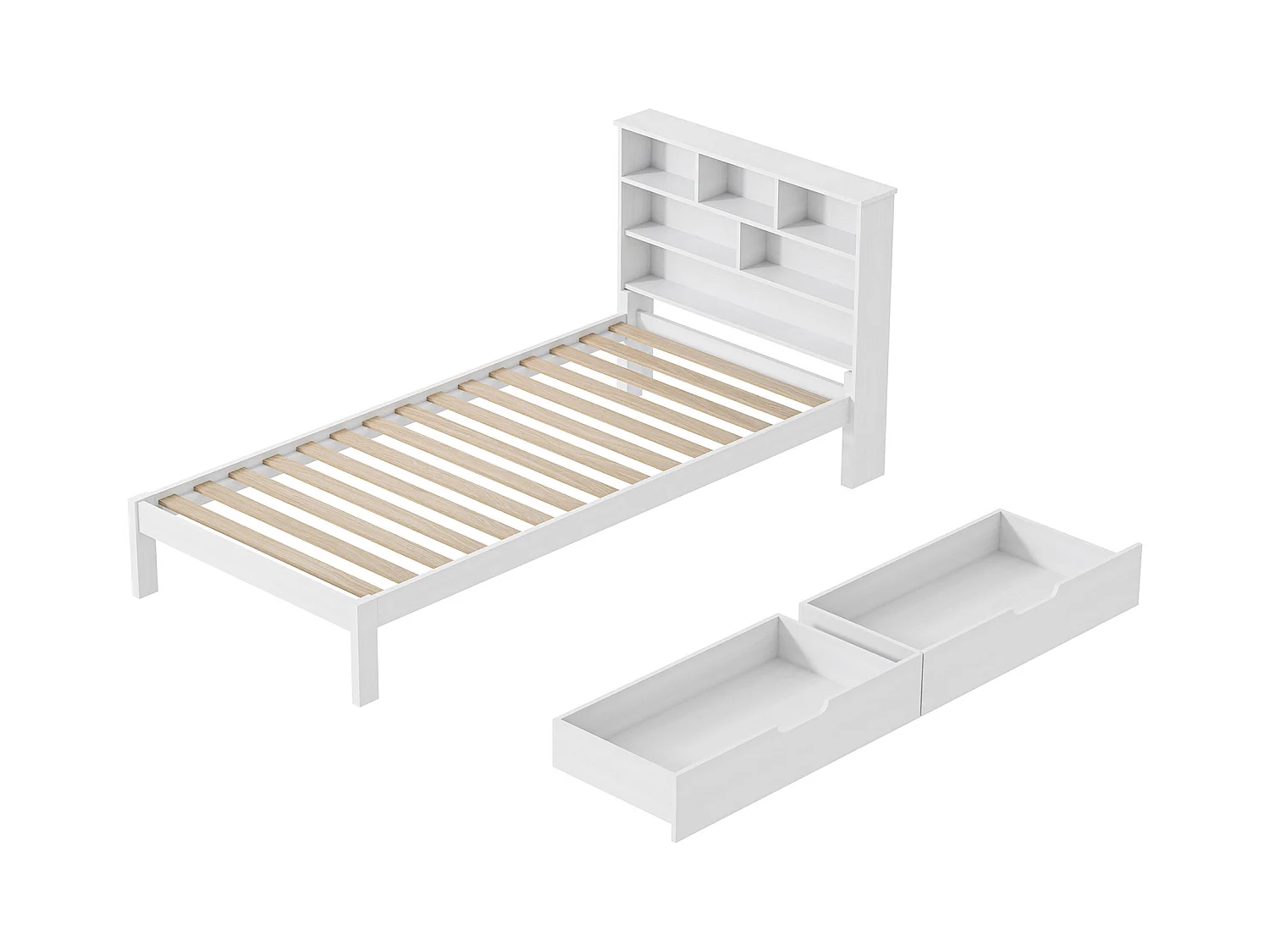 Lit enfant 90x200 cm en bois, lit plat pour ado avec 2 tiroirs de rangement, cadre familial robuste et durable.