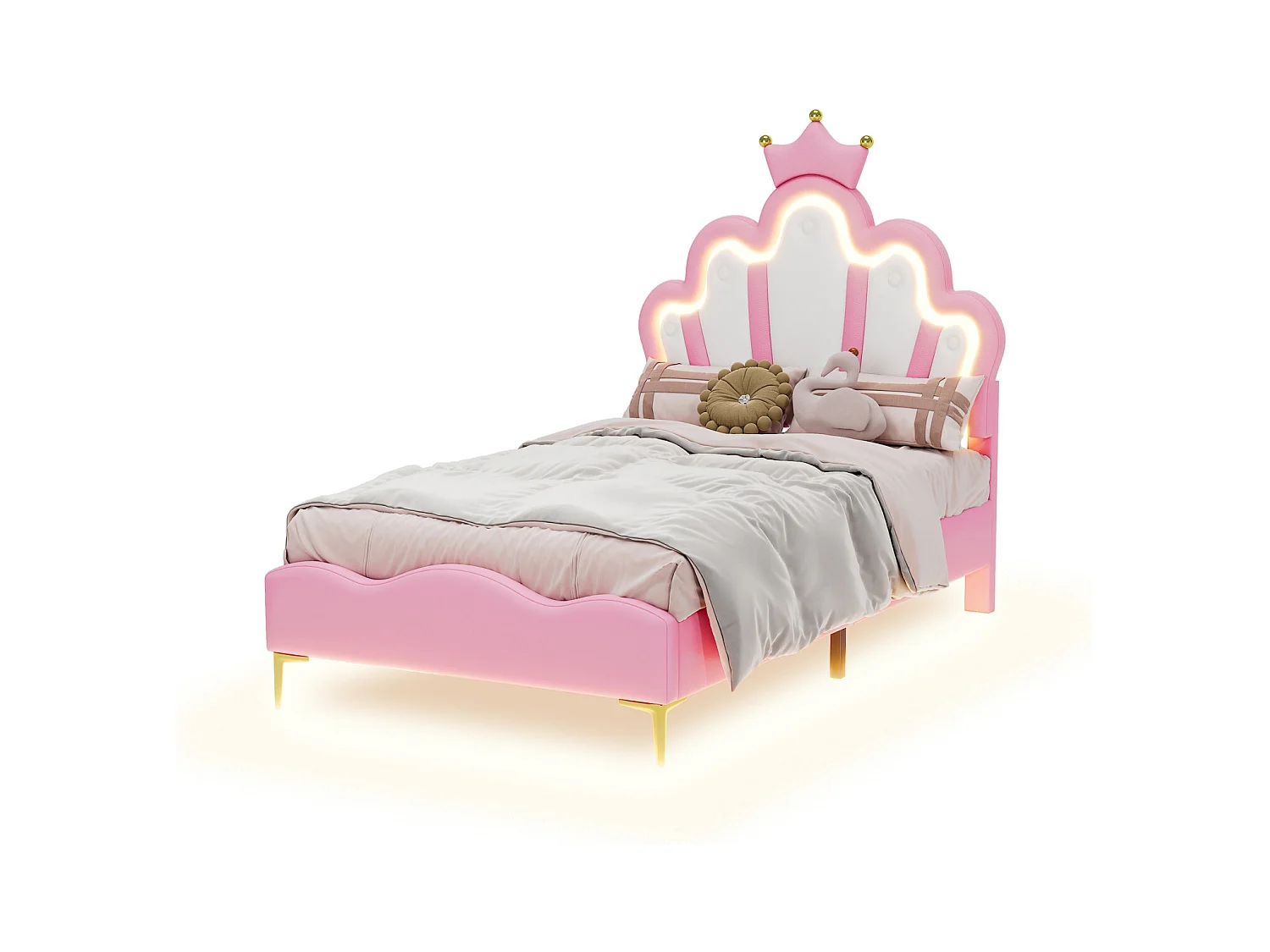 kinderbed 90x200 met lattenbodem, gestoffeerd bed, tweepersoonsbed, LED-bed, roze