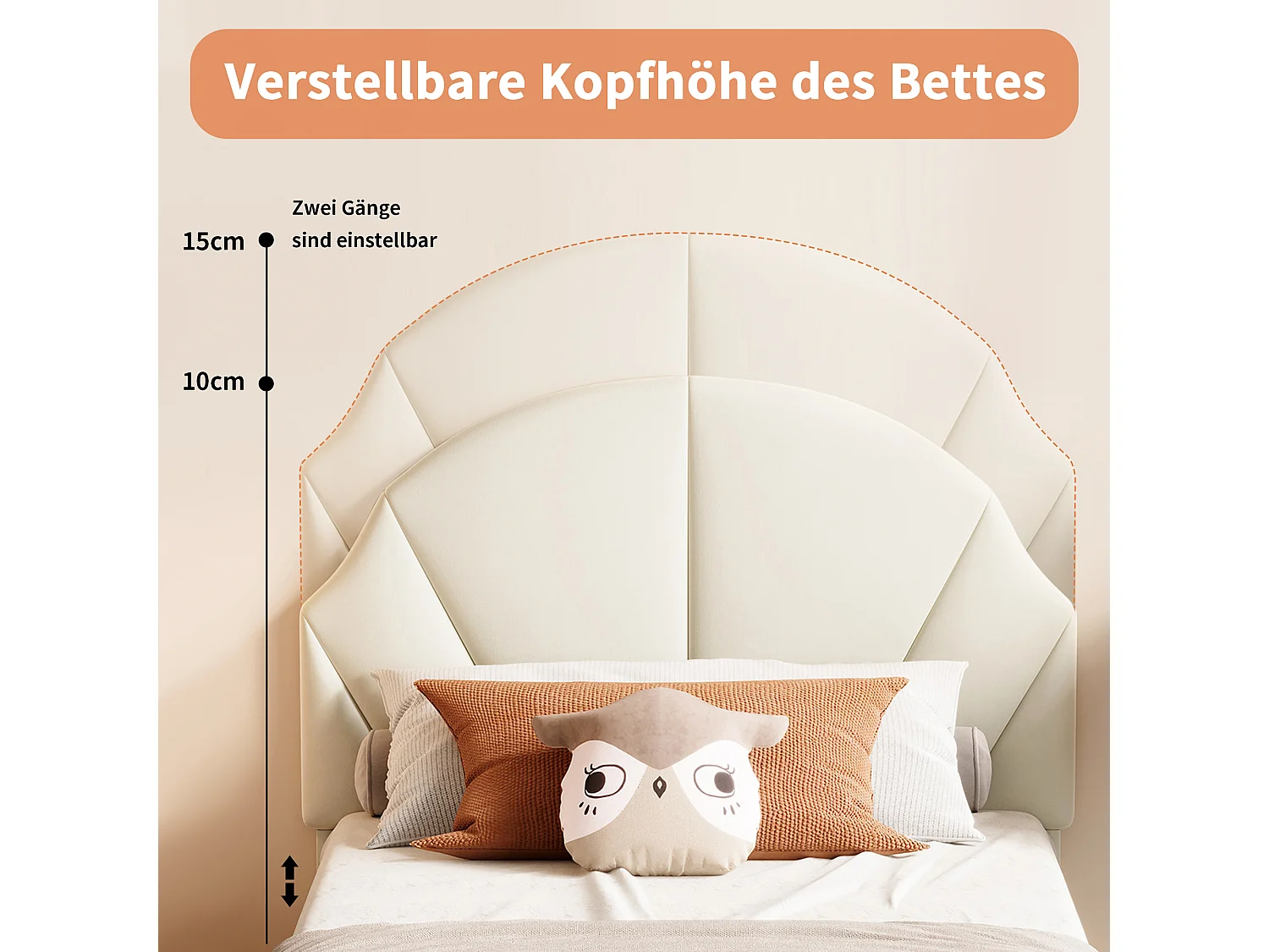 Lit enfant en velours avec tête de lit réglable – 90×200 cm – Beige