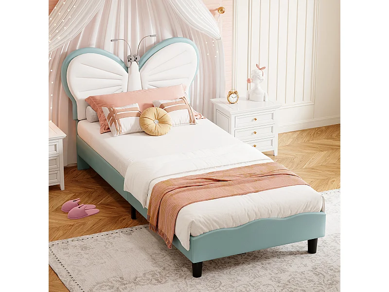 Blauw-wit kinderbed 90x200 cm met vlinderhoofdeinde, led-leeslamp en in hoogte verstelbaar