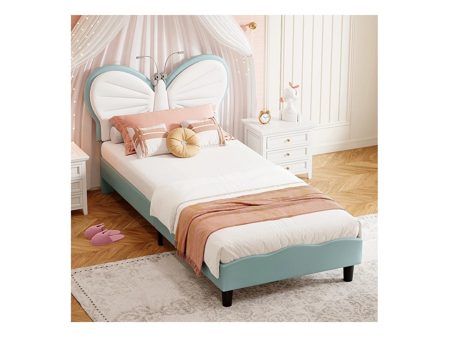 Blauw-wit kinderbed 90x200 cm met vlinderhoofdeinde, led-leeslamp en in hoogte verstelbaar