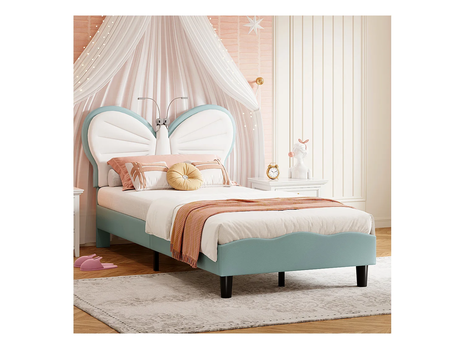 Blauw-wit kinderbed 90x200 cm met vlinderhoofdeinde, led-leeslamp en in hoogte verstelbaar