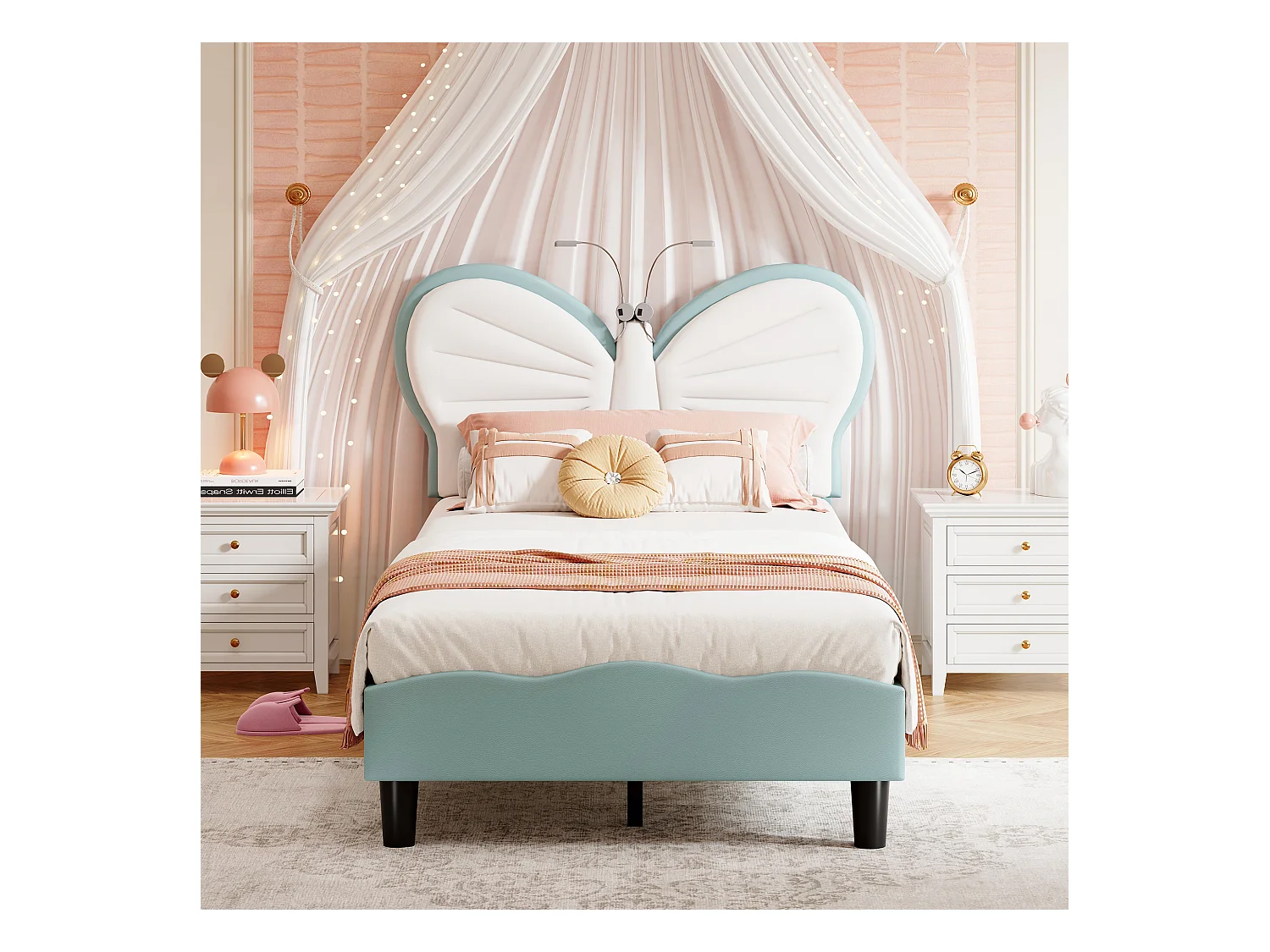 Blauw-wit kinderbed 90x200 cm met vlinderhoofdeinde, led-leeslamp en in hoogte verstelbaar