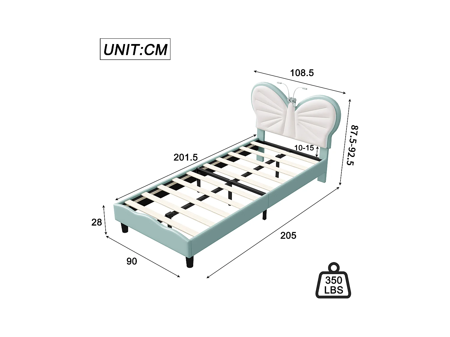 Blauw-wit kinderbed 90x200 cm met vlinderhoofdeinde, led-leeslamp en in hoogte verstelbaar