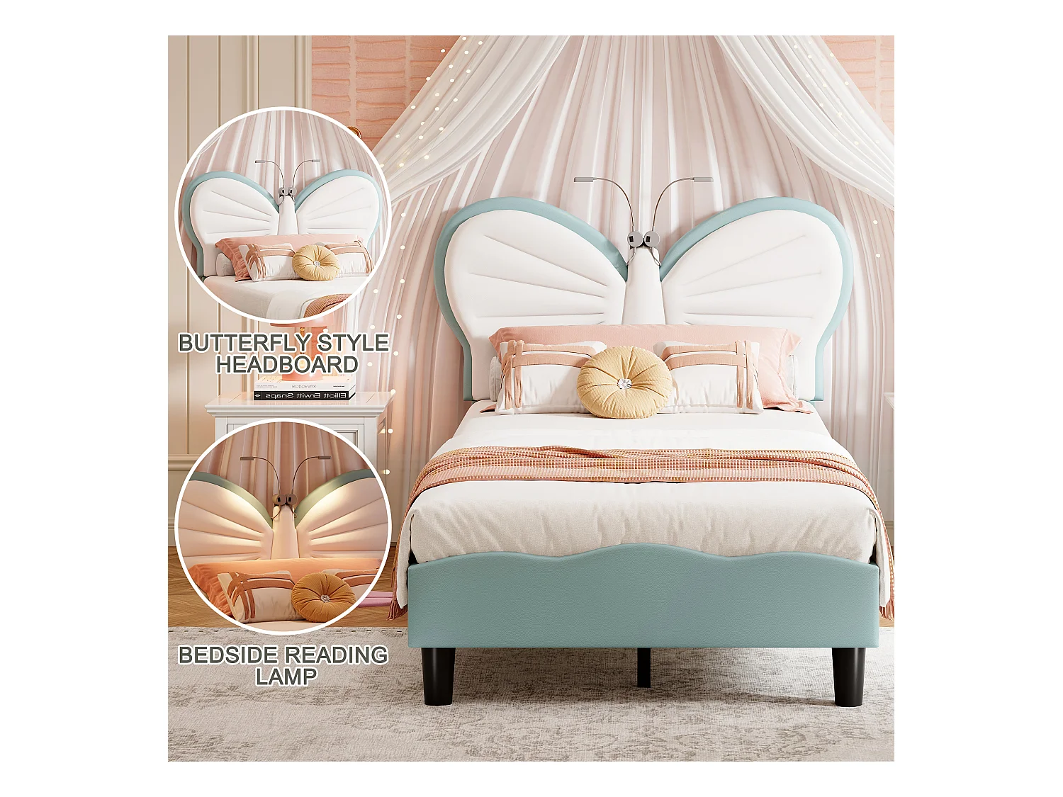 Blauw-wit kinderbed 90x200 cm met vlinderhoofdeinde, led-leeslamp en in hoogte verstelbaar