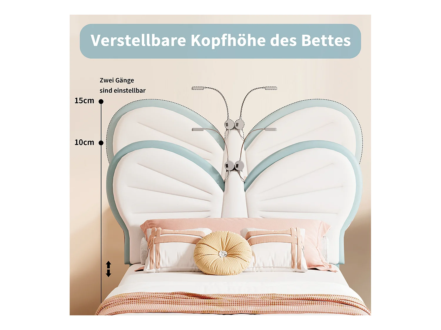 Blauw-wit kinderbed 90x200 cm met vlinderhoofdeinde, led-leeslamp en in hoogte verstelbaar