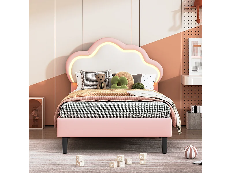 90x200cm Lit simple Lit pour enfant PU Lit de nuage avec lumière LED