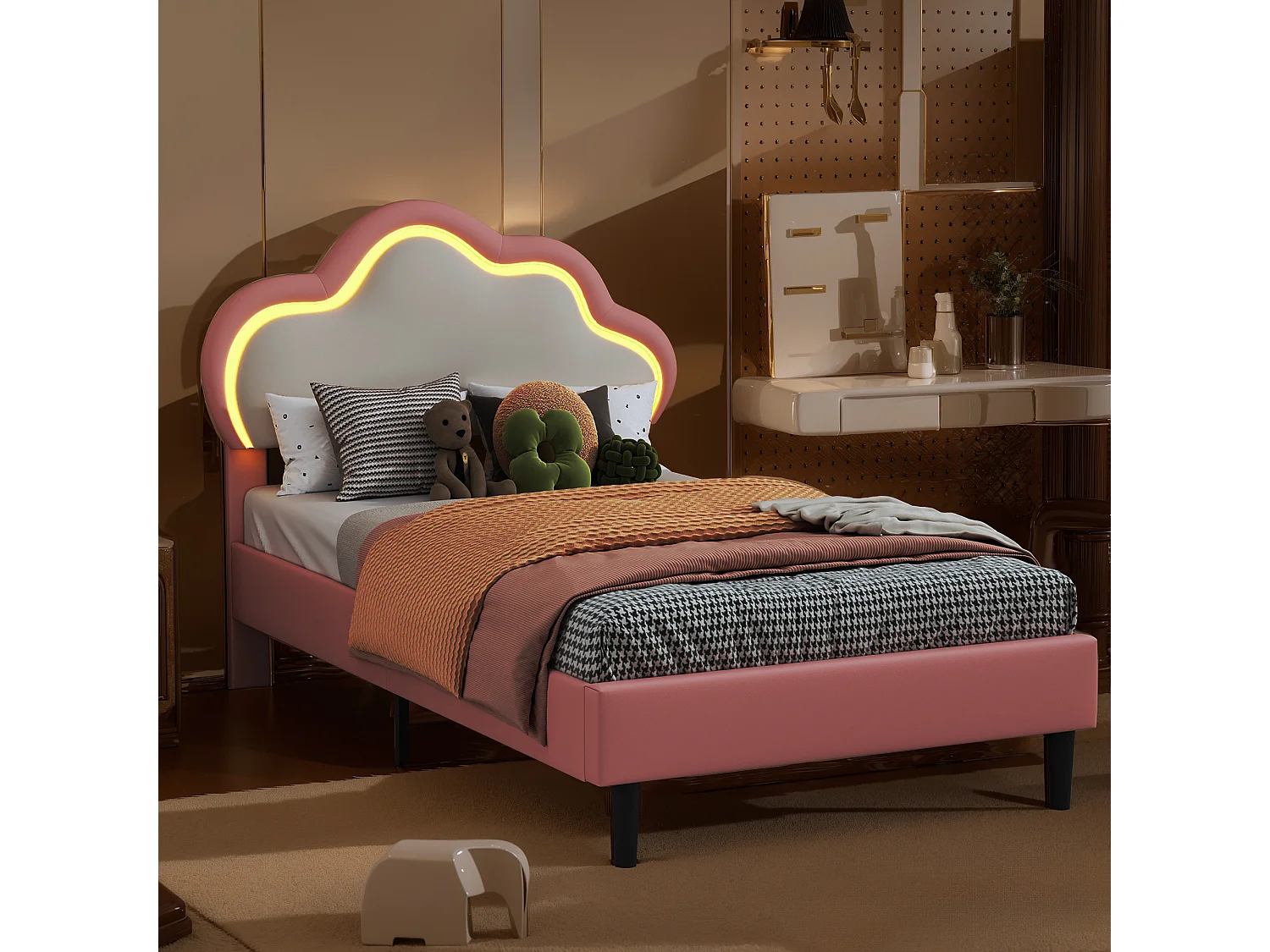 90x200cm Lit simple Lit pour enfant PU Lit de nuage avec lumière LED
