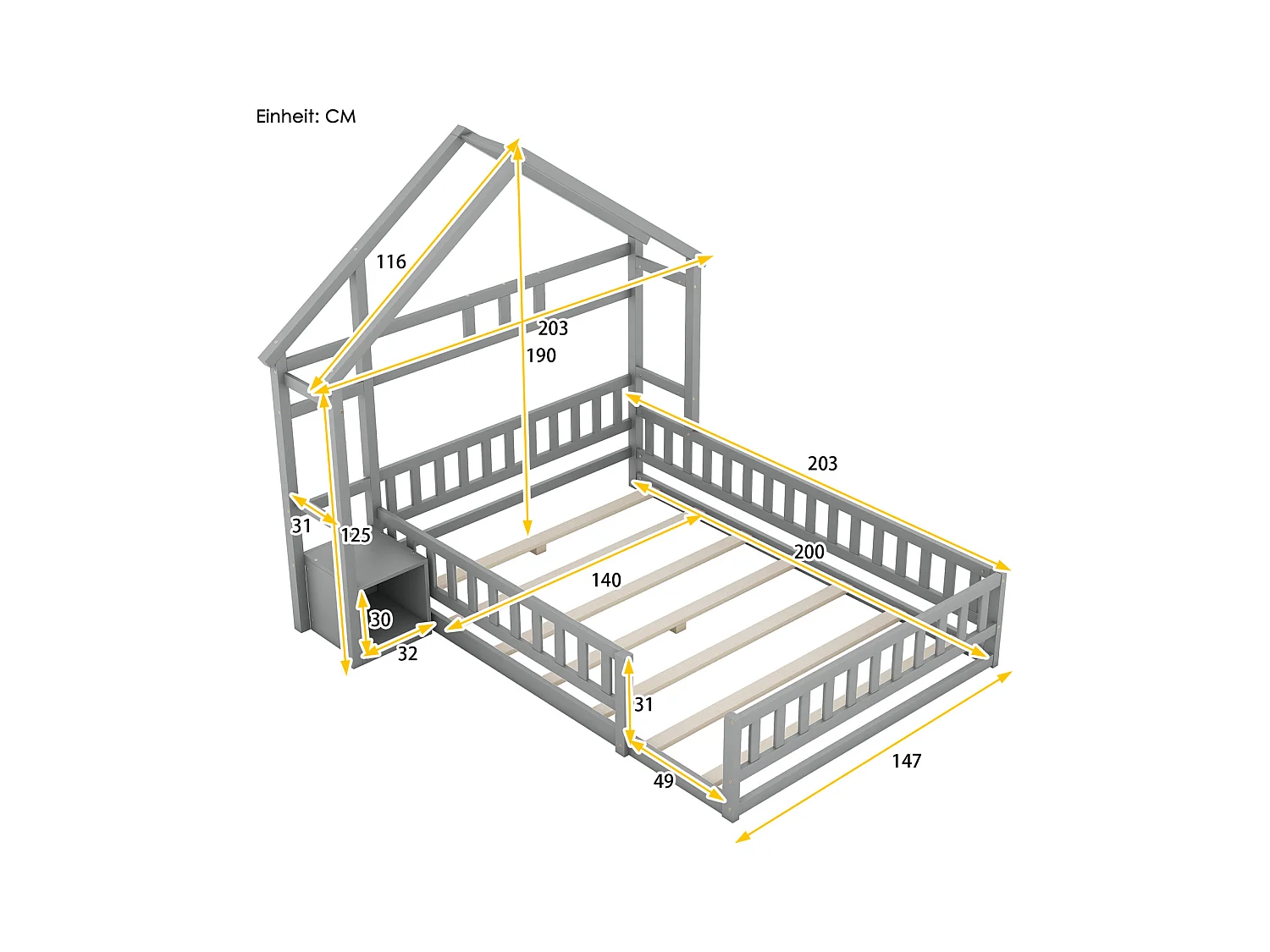Kinderbett 140x200 cm - Kiefernholz massiv - mit Stauraum und Lattenrost - Weiß