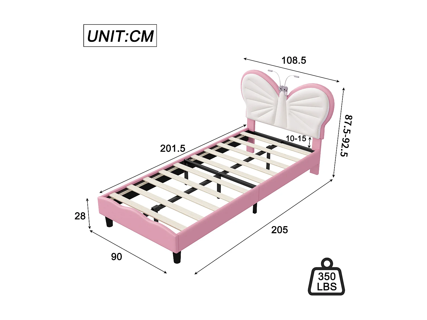 Lit enfant rose et blanc 90x200 cm avec tête de lit papillon, lampe de lecture LED et hauteur réglable