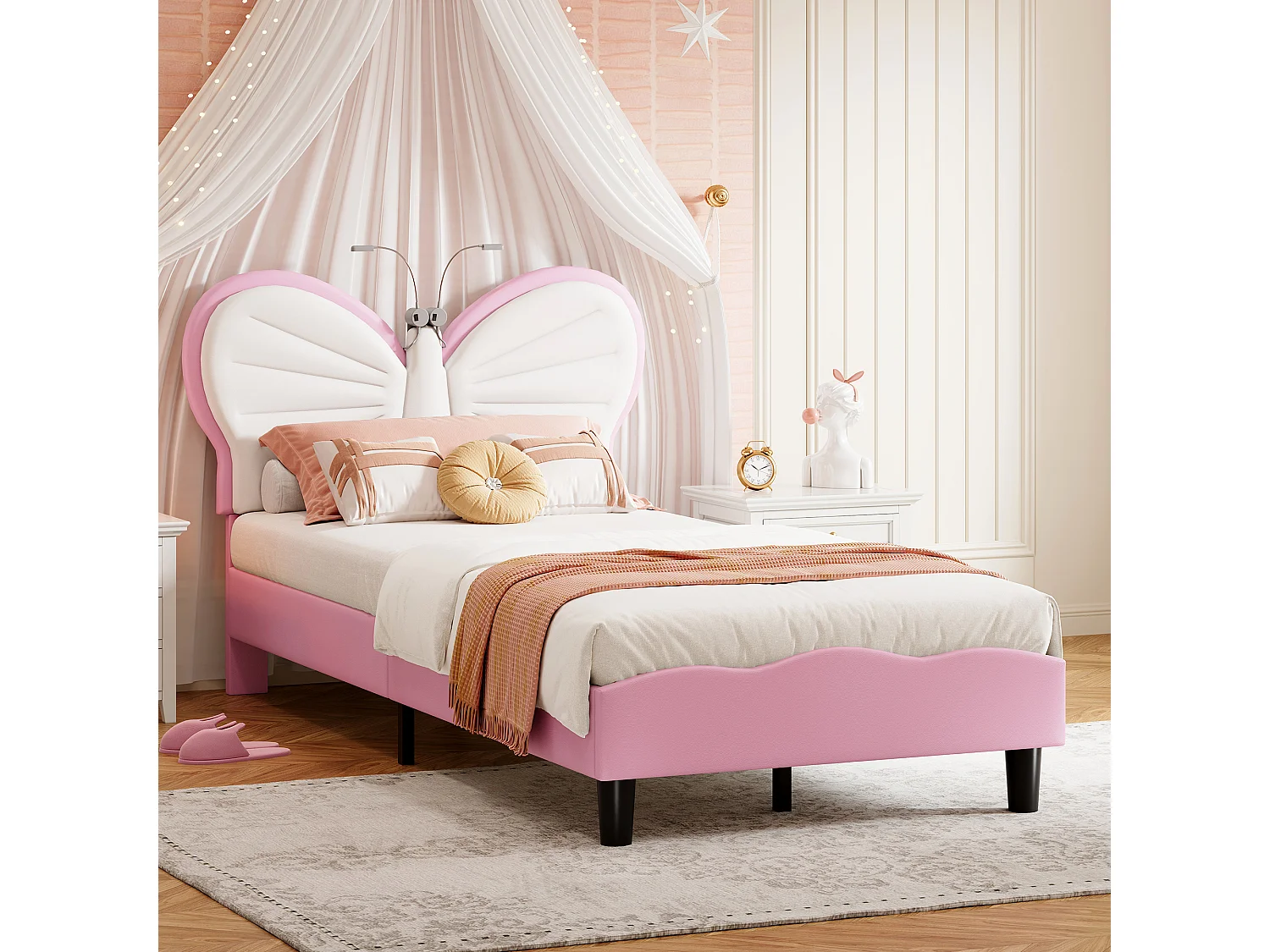 Lit enfant rose et blanc 90x200 cm avec tête de lit papillon, lampe de lecture LED et hauteur réglable