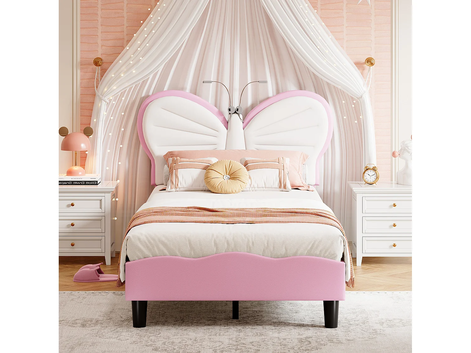Lit enfant rose et blanc 90x200 cm avec tête de lit papillon, lampe de lecture LED et hauteur réglable