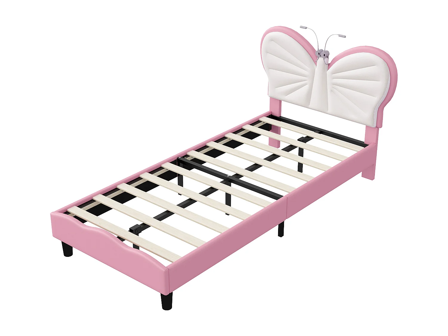 Lit enfant rose et blanc 90x200 cm avec tête de lit papillon, lampe de lecture LED et hauteur réglable