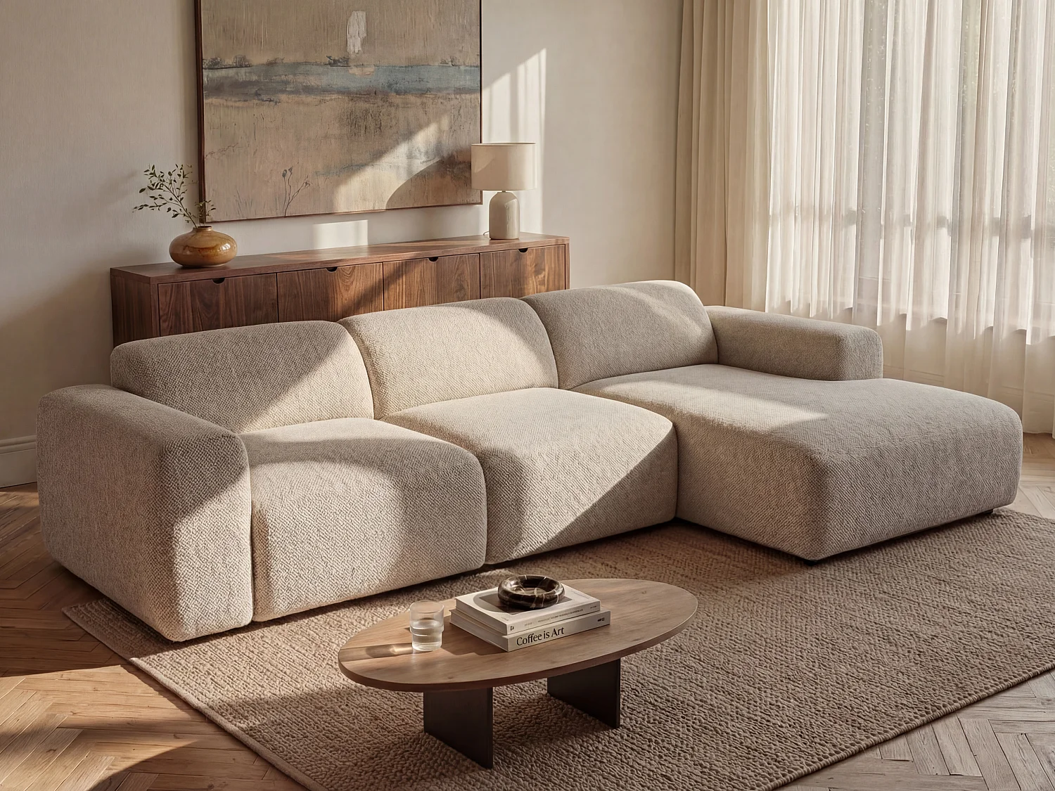 Grand canapé d'angle droit avec assise coulissante électrique en tissu beige POGNI de Maison Céphy