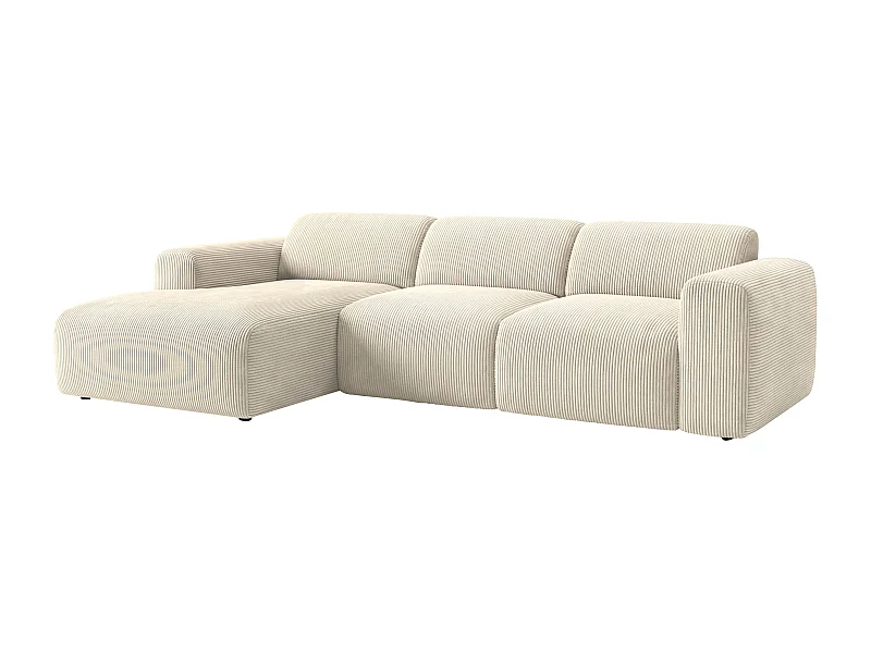 Grand canapé d'angle gauche avec assise coulissante électrique en velours côtelé fines côtes beige POGNI de Maison Céphy