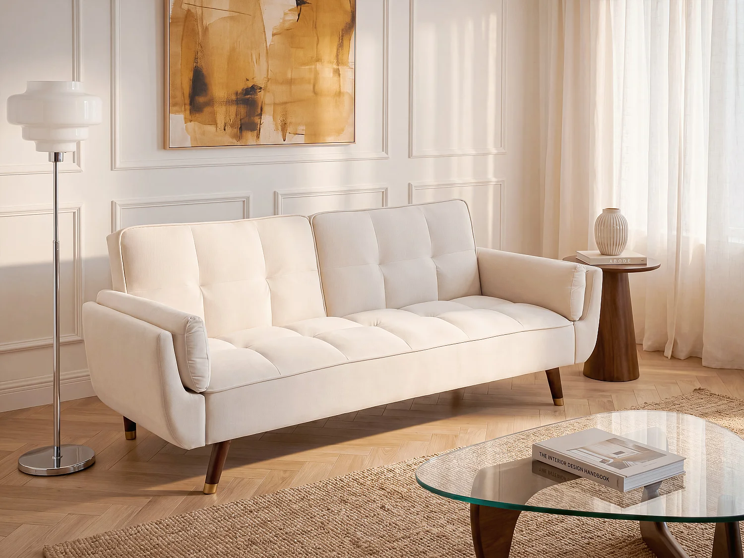 Canapé 3 places convertible clic-clac en velours beige GULCAN