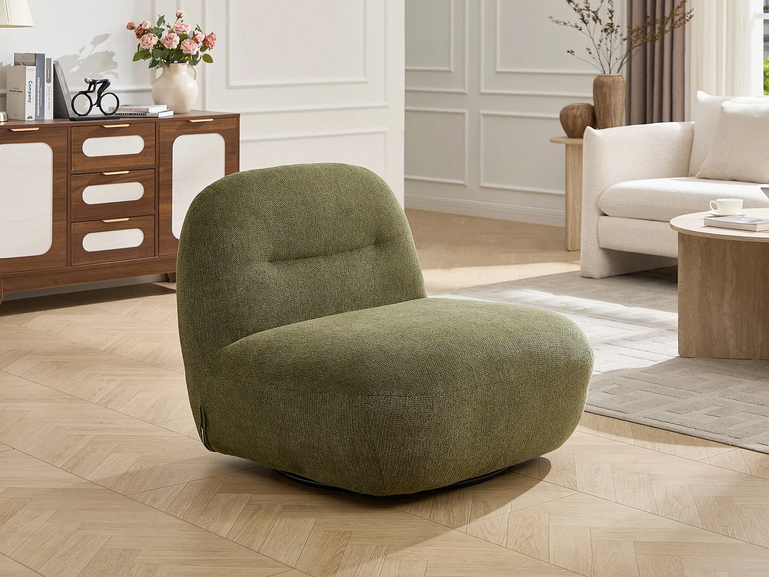 Fauteuil pivotant en tissu texturé vert POZETI