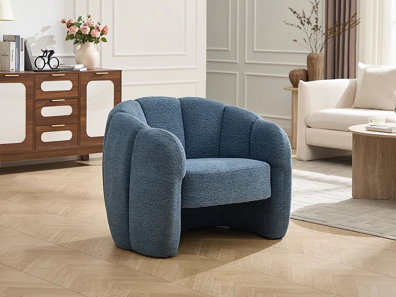 Fauteuil coquillage en tissu chenille bleu DELIPO
