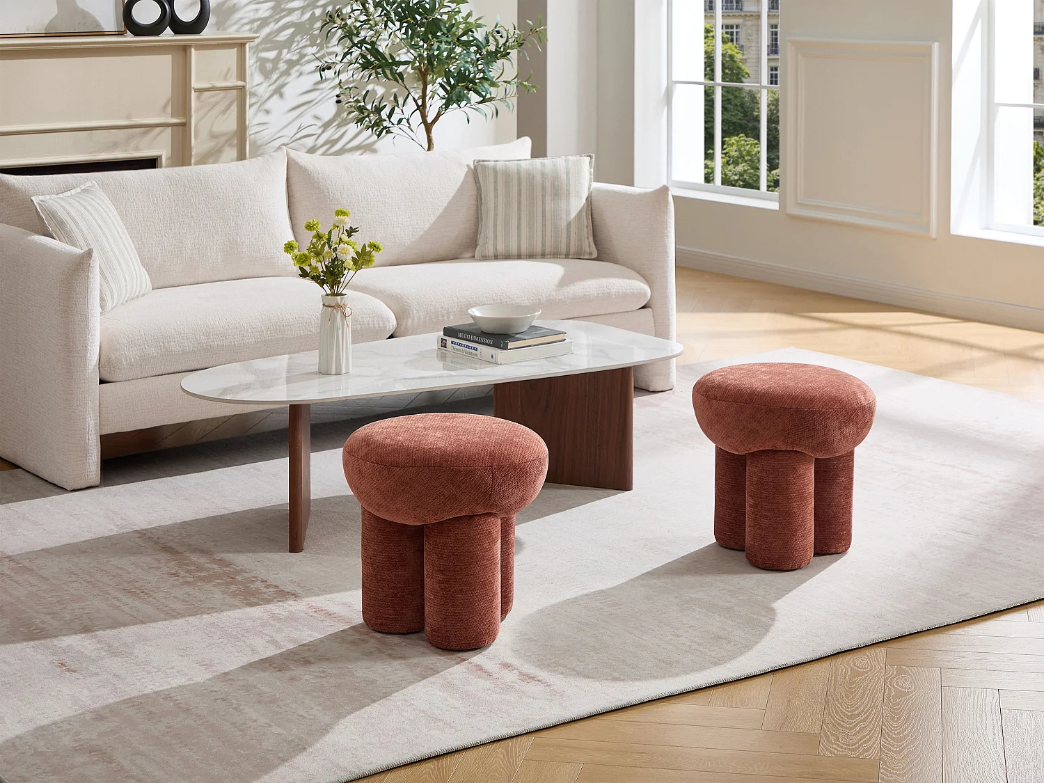 Pouf en tissu chenille terracotta KUMBODA