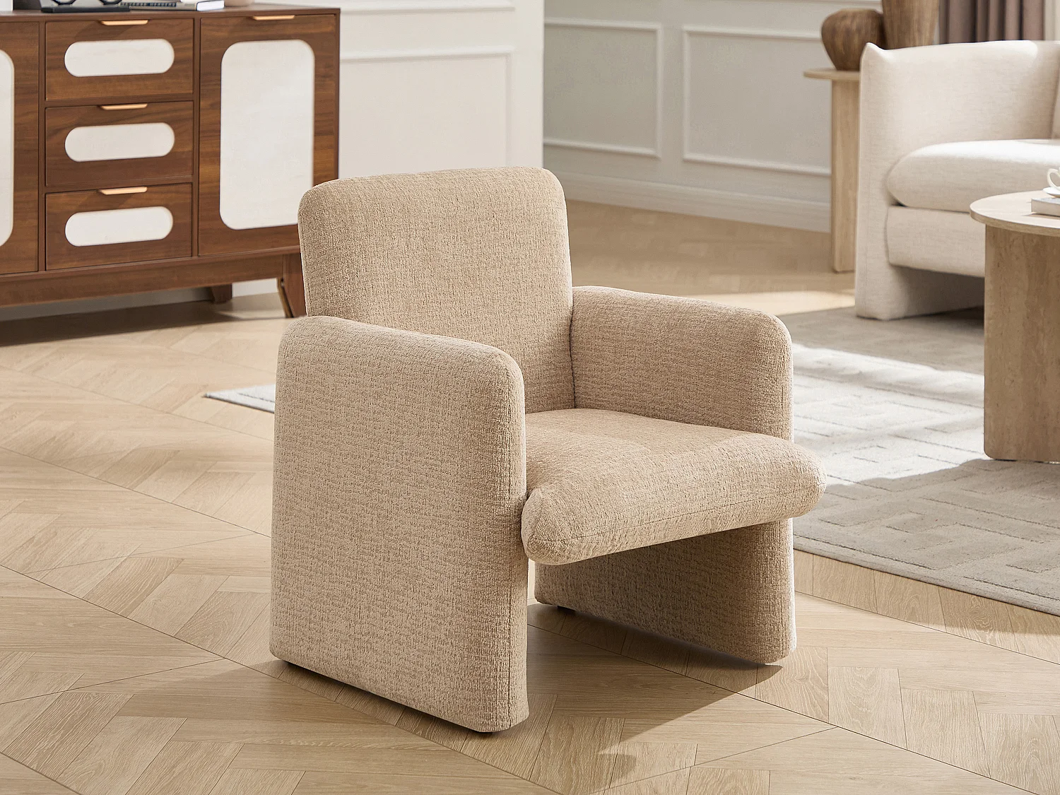 Fauteuil enfant en tissu chenille beige MESUTO