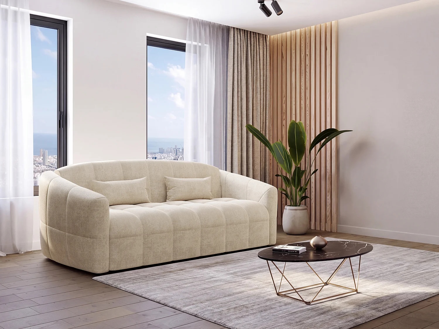 Canapé 3 places convertible express en velours beige - Couchage 140 cm - Matelas 16 cm RETUNA