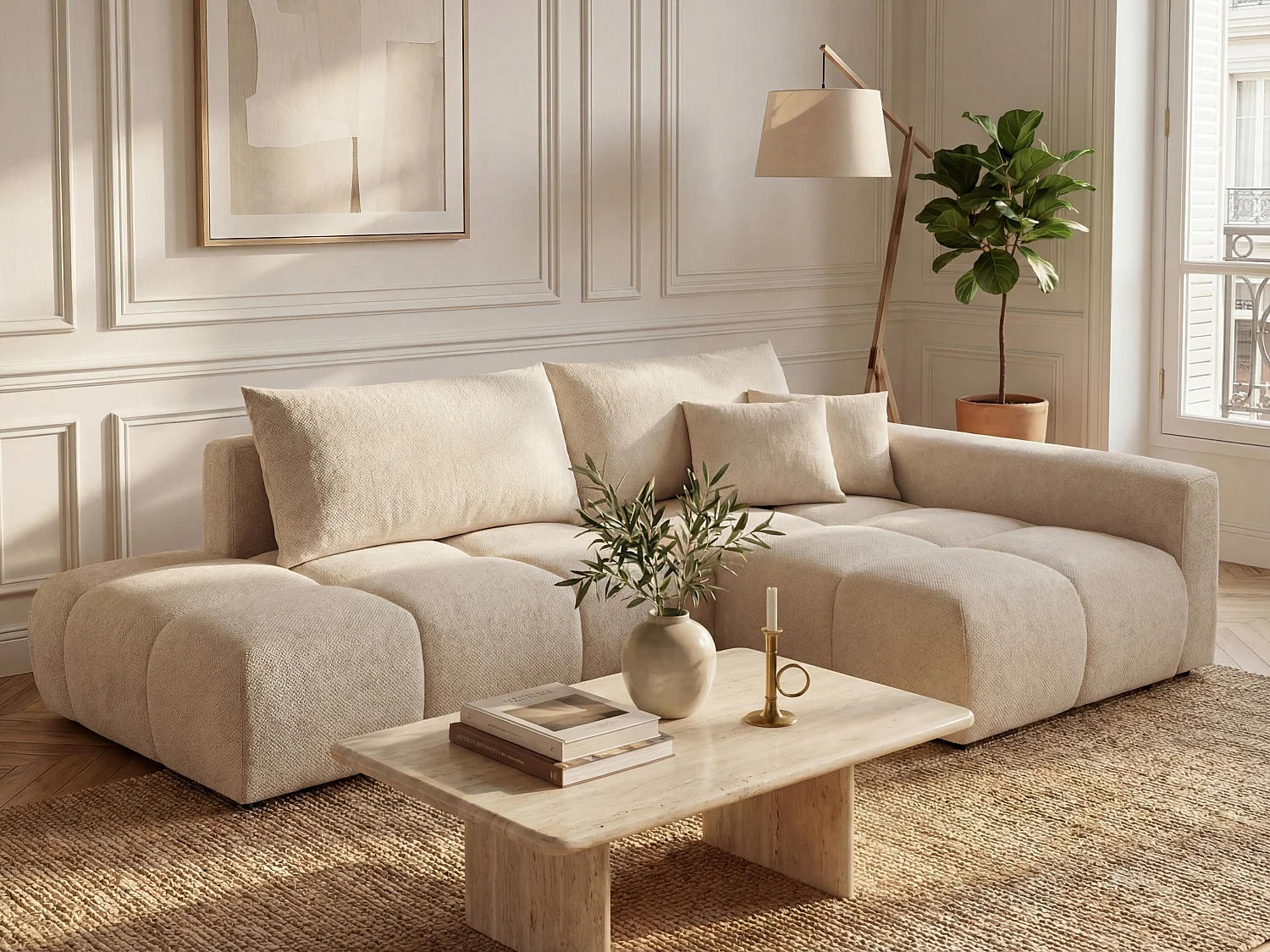 Canapé d'angle droit ouvert convertible en tissu texturé beige MINTURNO