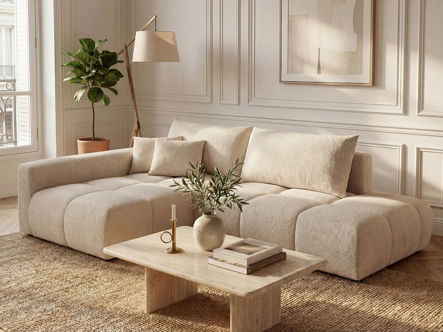 Canapé d'angle gauche ouvert convertible en tissu texturé beige MINTURNO