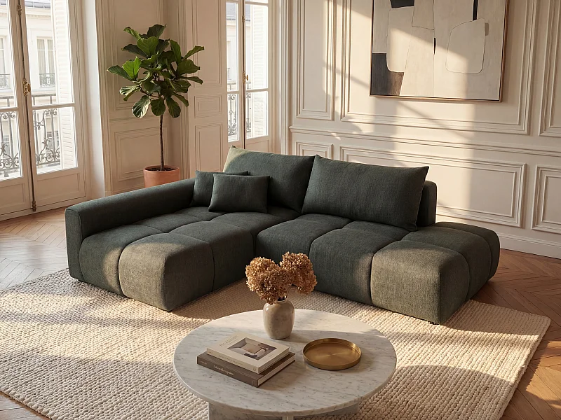 Canapé d'angle gauche ouvert convertible en tissu texturé vert MINTURNO