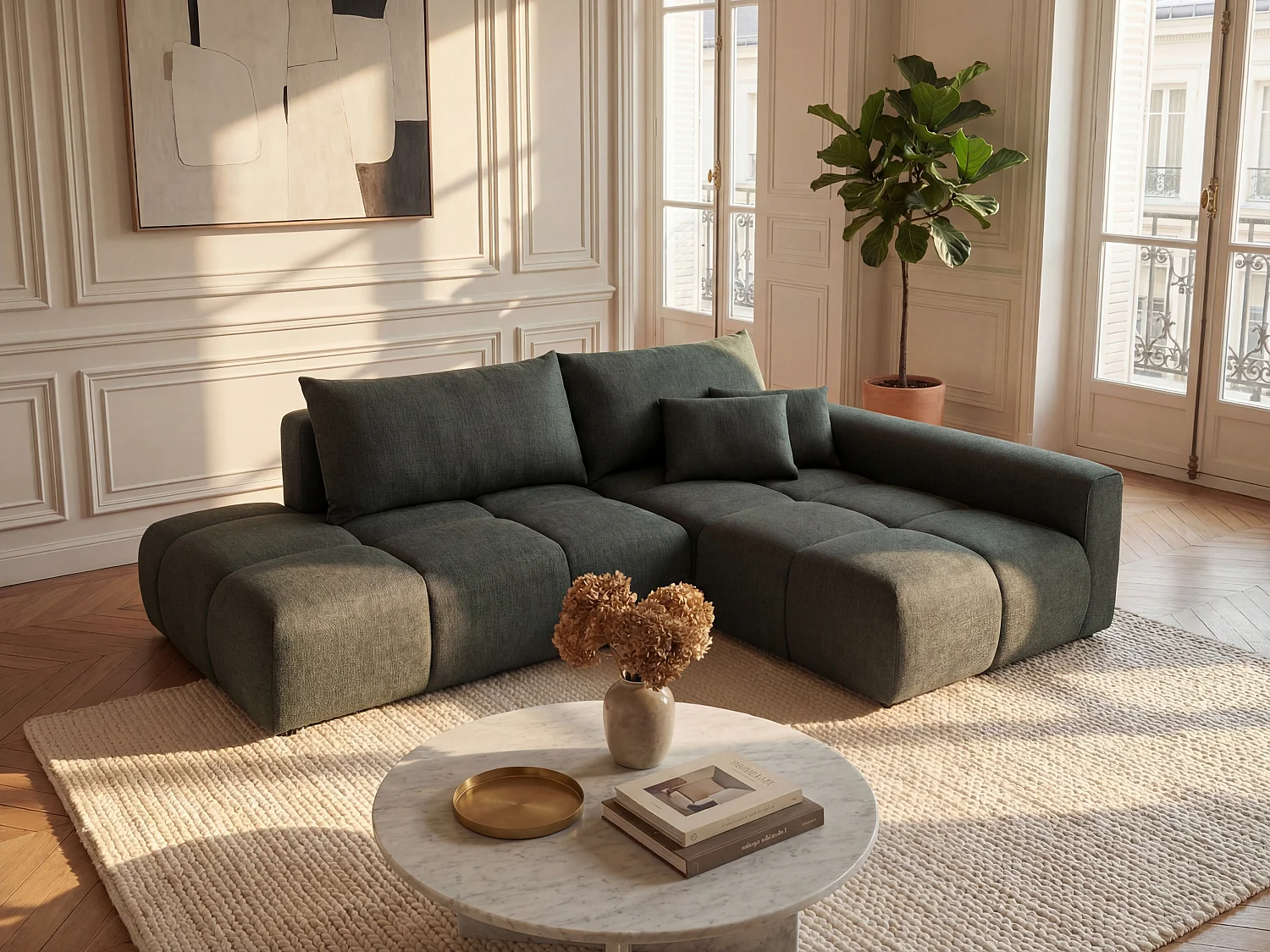 Canapé d'angle droit ouvert convertible en tissu texturé vert MINTURNO