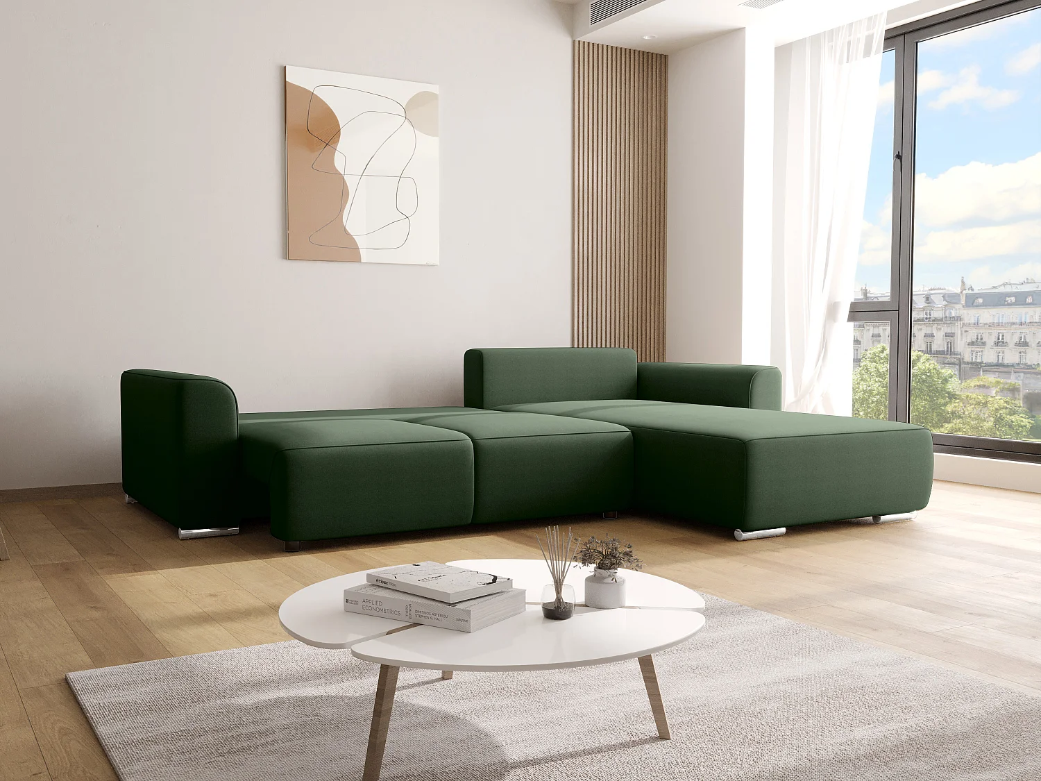 Canapé d'angle convertible et réversible en tissu vert sapin MELTANA