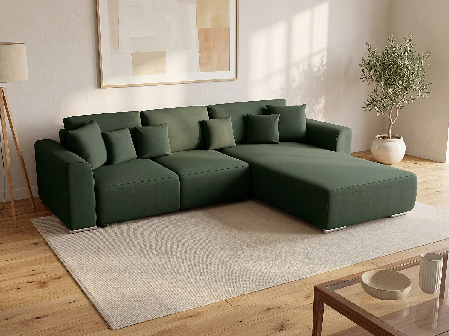 Canapé d'angle convertible et réversible en tissu vert sapin MELTANA