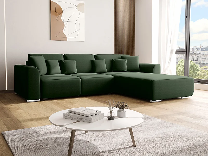 Canapé d'angle convertible et réversible en tissu vert sapin MELTANA