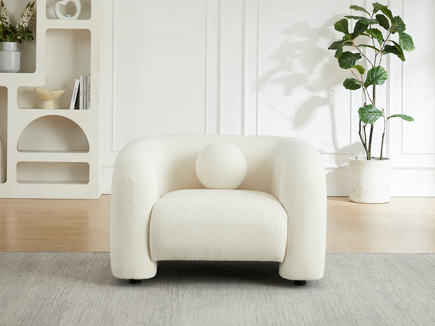 Fauteuil en tissu bouclette blanc ivoire OVOTAS