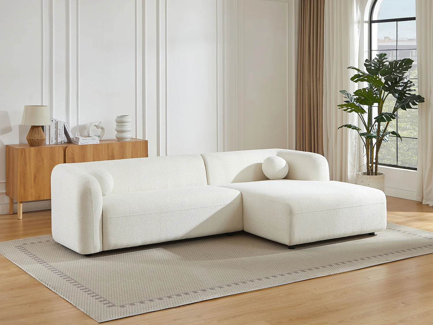 Canapé d'angle droit en tissu bouclette blanc ivoire OVOTAS