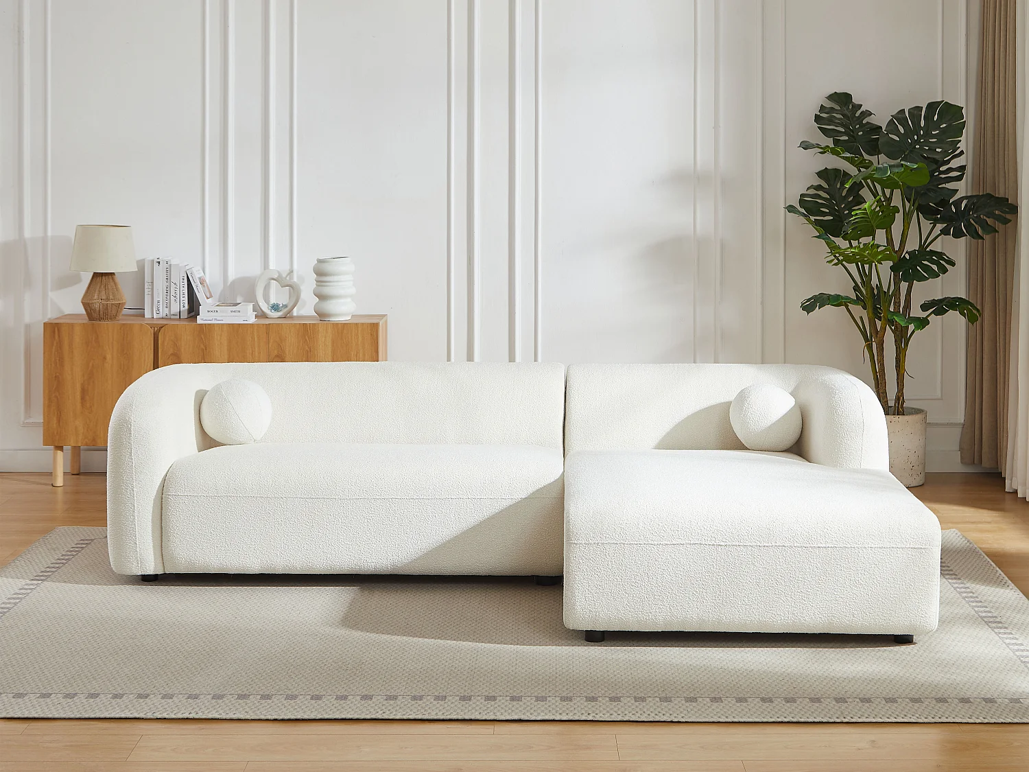 Canapé d'angle droit en tissu bouclette blanc ivoire OVOTAS