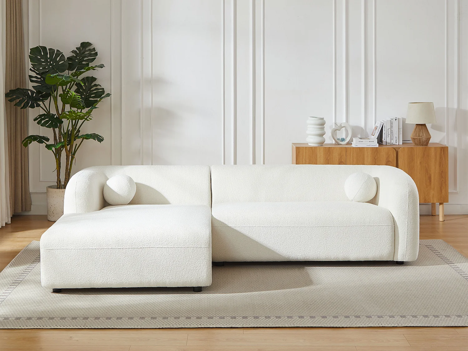 Canapé d'angle gauche en tissu bouclette blanc ivoire OVOTAS