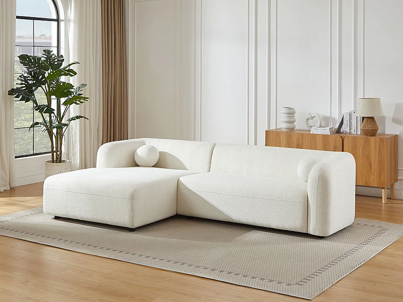 Canapé d'angle gauche en tissu bouclette blanc ivoire OVOTAS