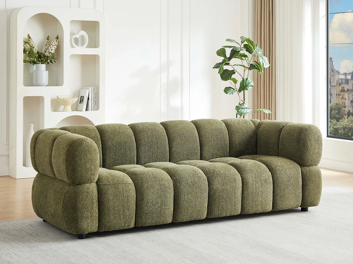 Canapé 3 places en tissu texturé vert kaki PAVIRA