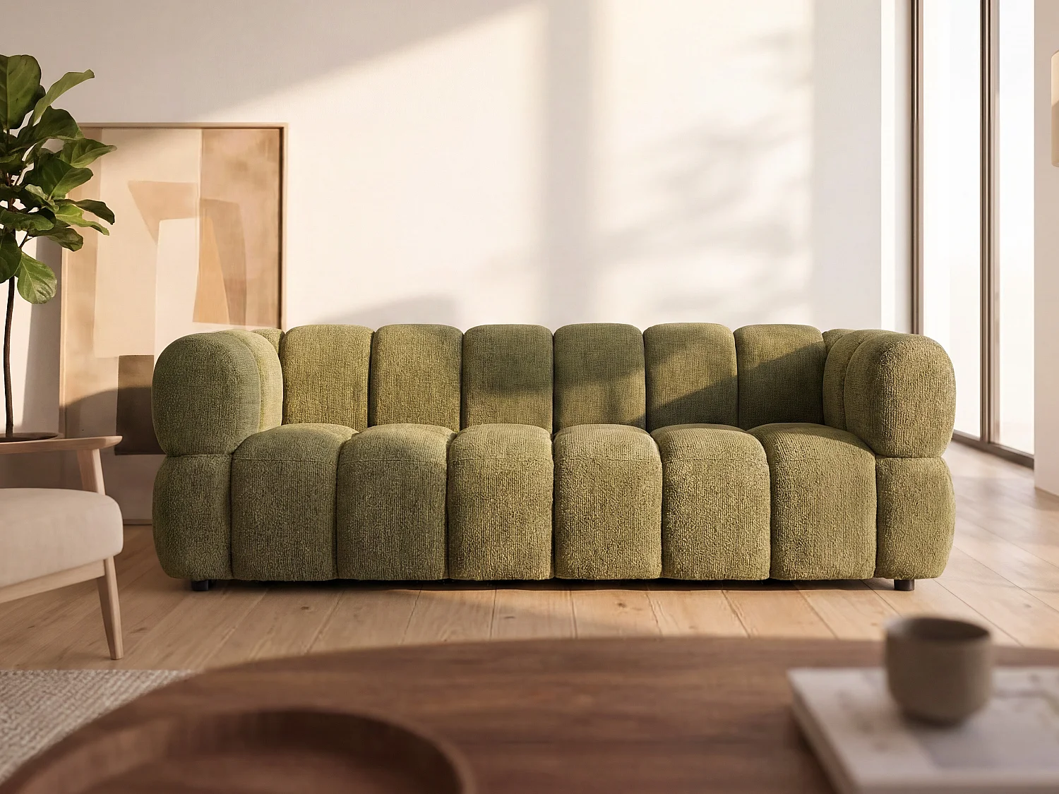 3-seater sofa in khaki green textured fabric PAVIRA