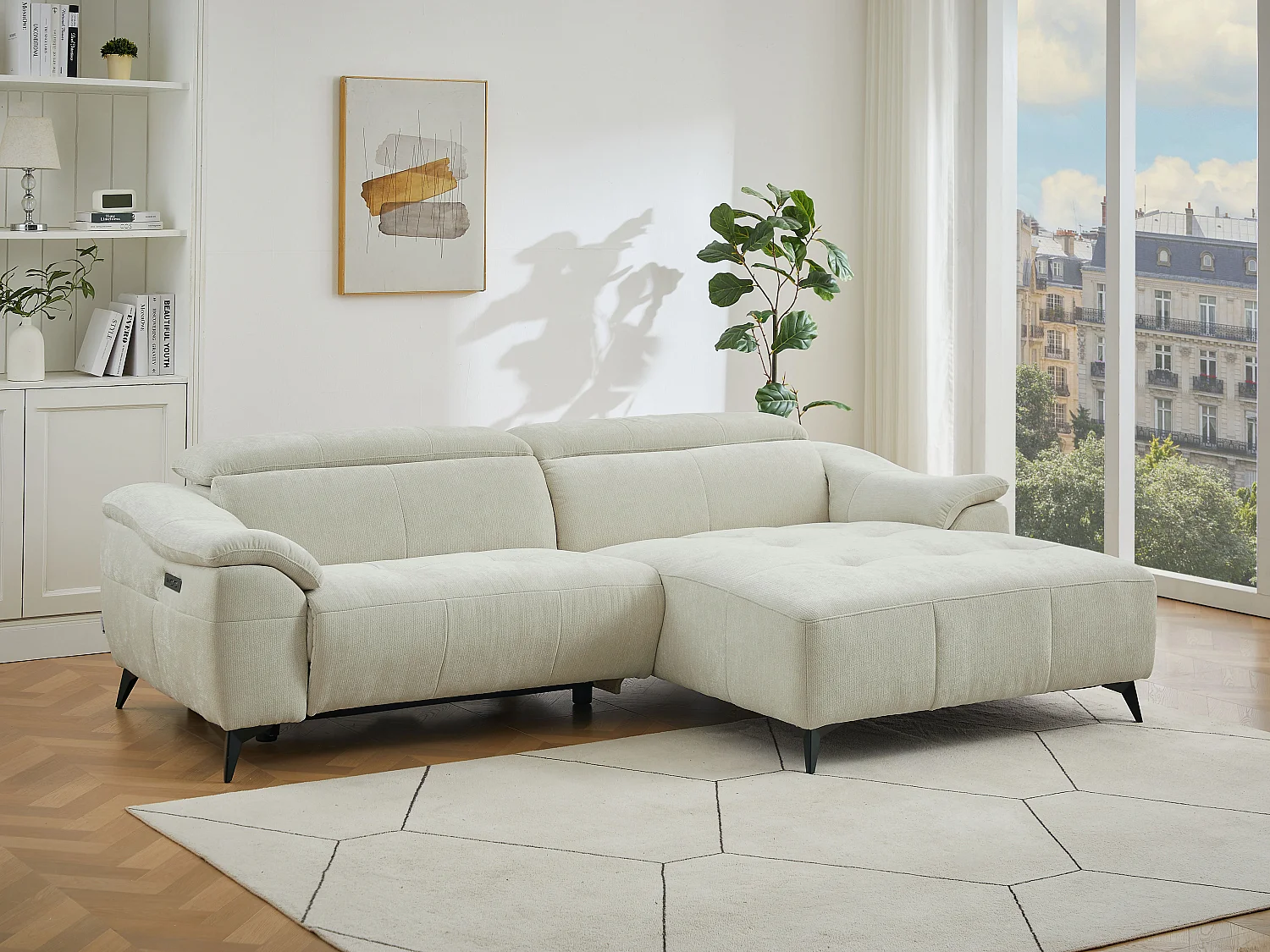 Canapé d'angle droit relax électrique en tissu texturé beige CLIMOTA