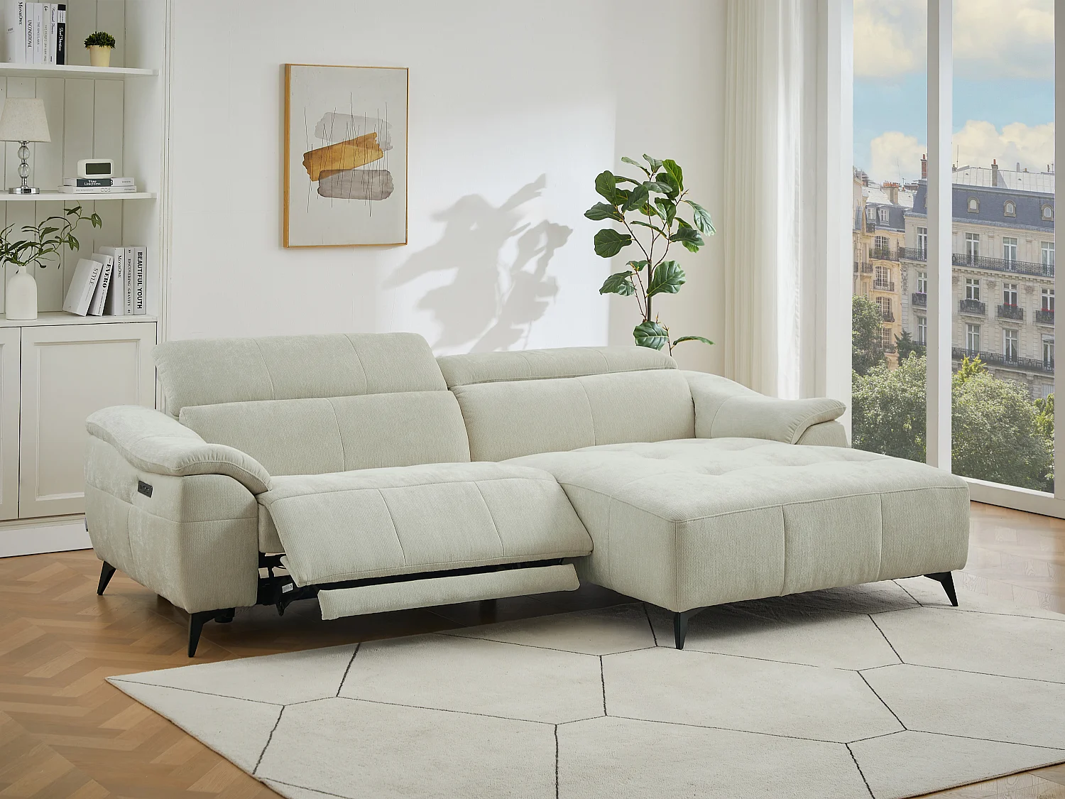 Canapé d'angle droit relax électrique en tissu texturé beige CLIMOTA