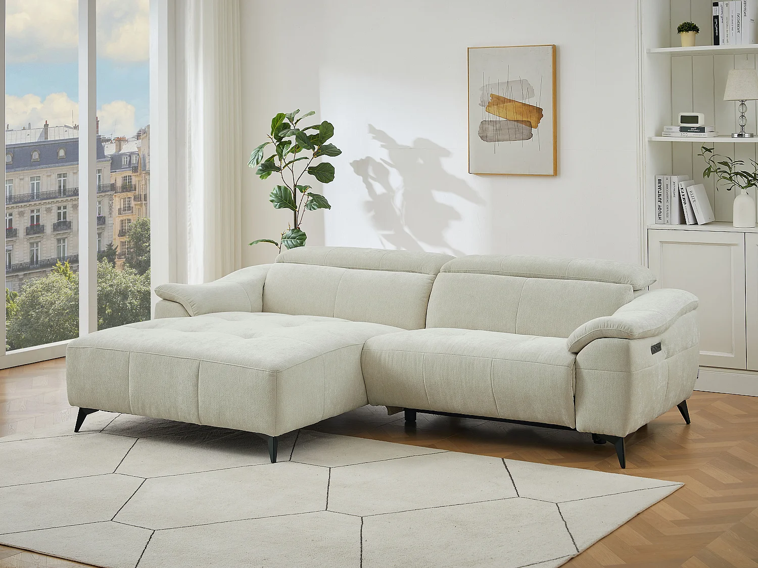 Canapé d'angle gauche relax électrique en tissu texturé beige CLIMOTA