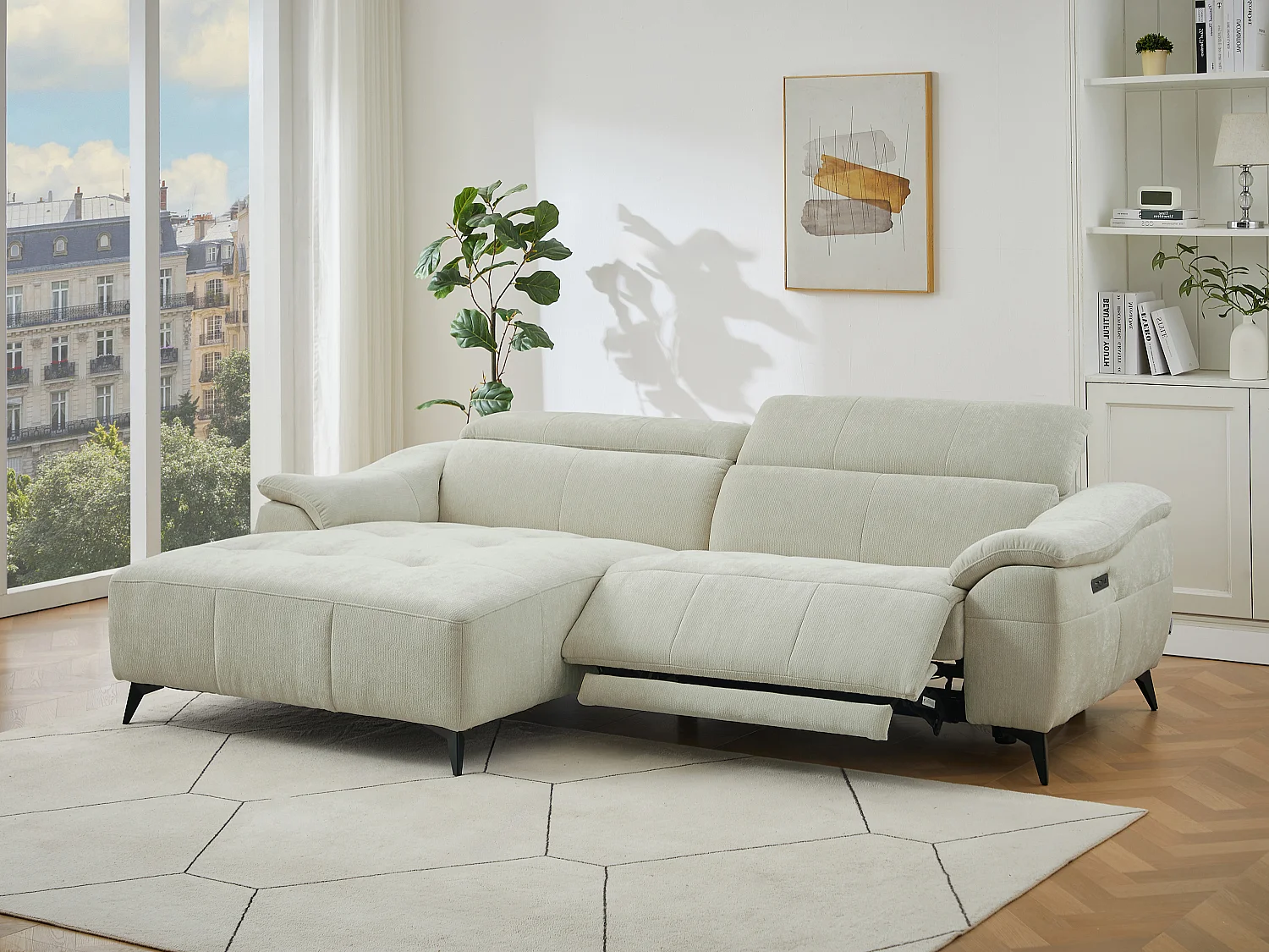 Canapé d'angle gauche relax électrique en tissu texturé beige CLIMOTA