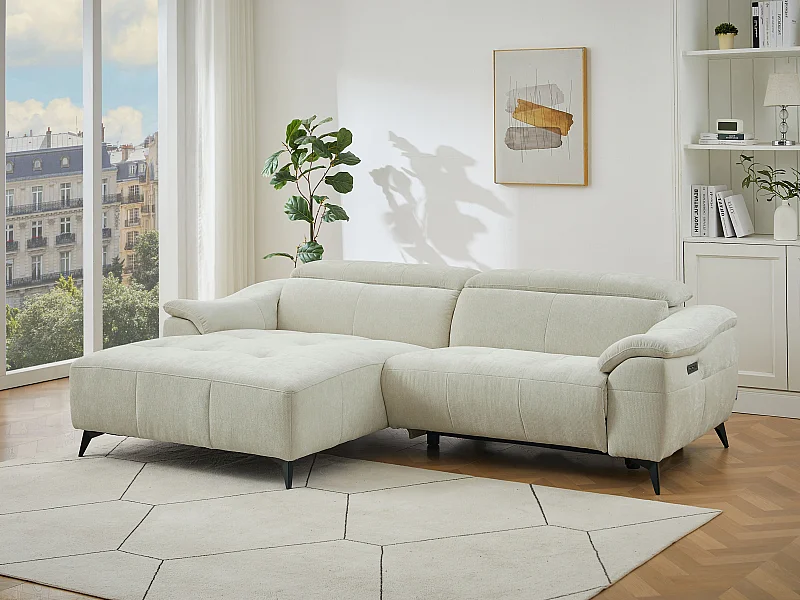 Canapé d'angle gauche relax électrique en tissu texturé beige CLIMOTA