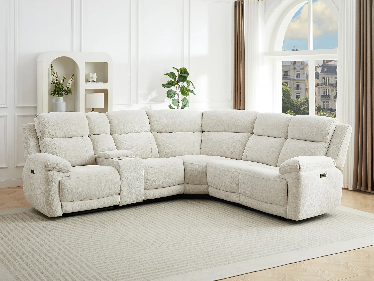 Canapé d'angle relax électrique avec tablette en tissu chiné beige KELUNO