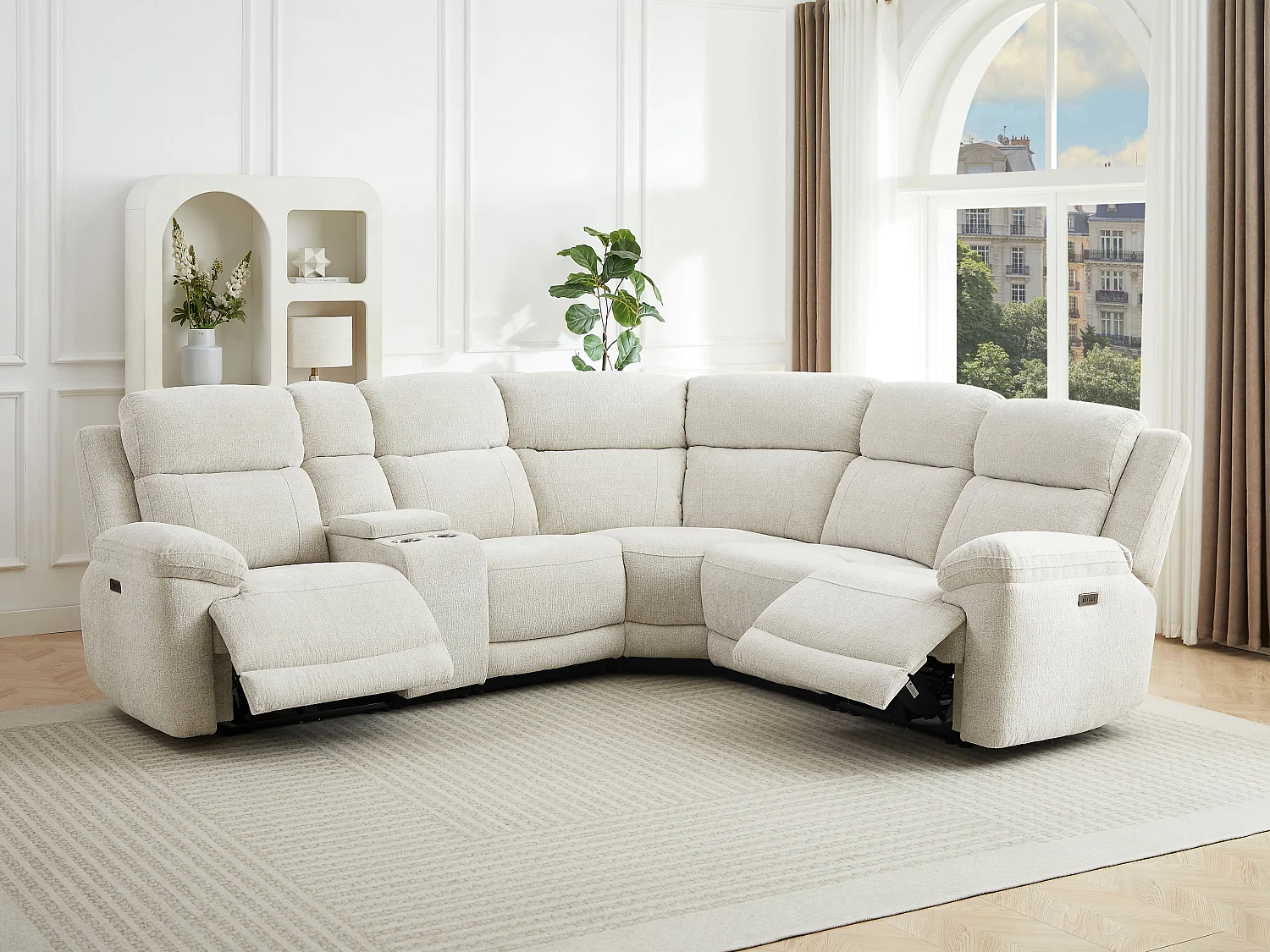 Canapé d'angle relax électrique avec tablette en tissu chiné beige KELUNO